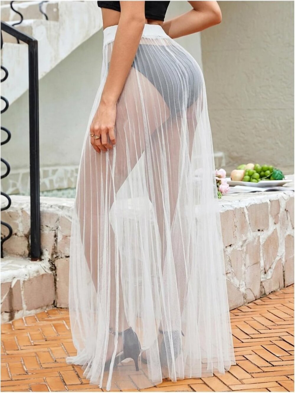 Women's White Sheer Mesh High Waist See Through Flowy Lace Cover Up Maxi Skirt - Picture 2 of 6